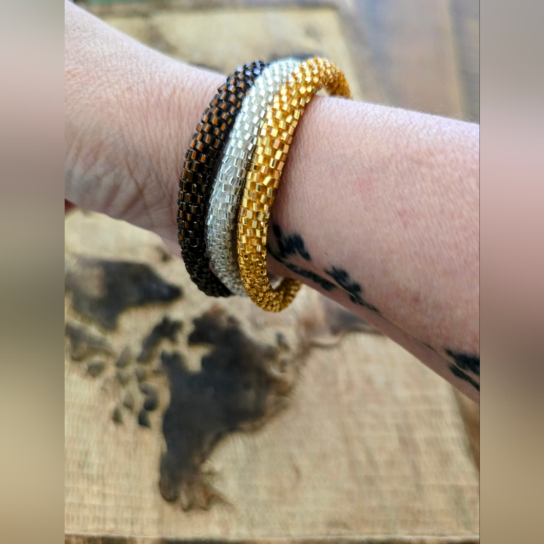 Handcraft Trio Of Beaded Bracelets In Gold, Silver, And Brown New
